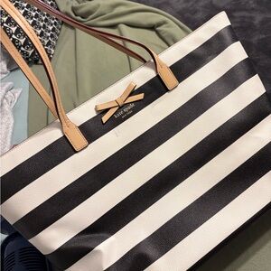 kate spade Black and White Striped Tote with Tan Bow Accent
